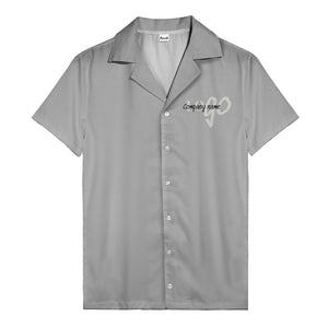 custom logo typography on solid black minimalist modern hawaiian shirt