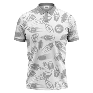 dynamic footballs & speed lines graphic black white sports polo shirt