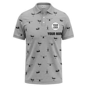 helicopter silhouette repeat pattern custom logo men's aviation polo shirt