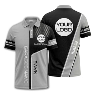 hexagonal grid garage name logo modern automotive polo shirt