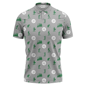 illustrated golfers golf carts repeating on green polo shirt for weekend fairway fun