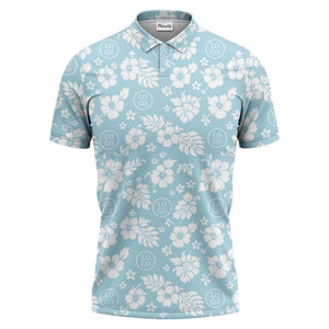 monochrome hawaiian hibiscus flowers & leaves repeat pattern polo shirt