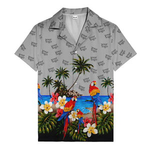 parrot paradise palm trees plumeria beach scene hawaiian shirt