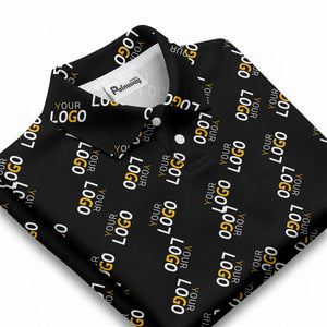 repeating gold logo hawaiian polo shirt with custom text overlay