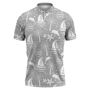 sailboats dolphins palm trees starfish repeat pattern black white polo shirt