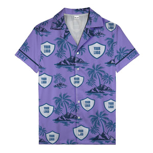 shield logo palm tree island scene navy blue hawaiian shirt for men