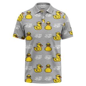 sunglasses rubber duck repeat pattern black yellow fun cartoon golf polo shirt