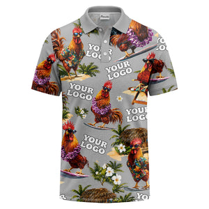 surfing roosters surfboards lei palm trees photorealistic polo shirt