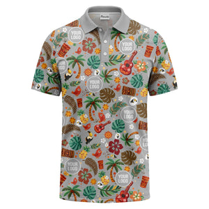 tiki masks palm trees ukuleles watercolor print polo shirt for men
