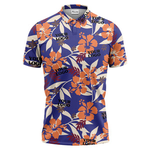 tropical illustrated floral paradise polo shirt bursting with hibiscus and palm leaves