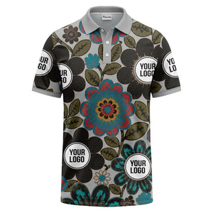 watercolor floral burst and olive leaves polo shirt for men