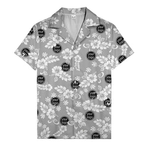 watercolor hibiscus blooms & custom logo navy blue hawaiian shirt