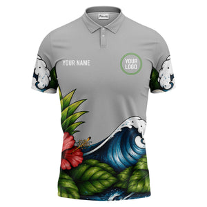 watercolor ocean wave palm leaf hibiscus floral navy blue polo shirt for men