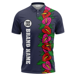 anthurium & emerald leaf stripe coral red polo shirt for men