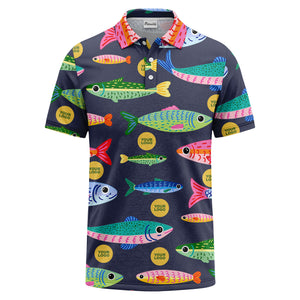 colorful cartoon fish & custom logo repeat all-over print polo shirt