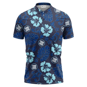 blue tropical floral polo hawaiian shirt