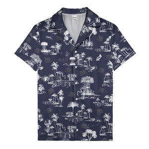 flamingo oasis black palm trees repeat pattern hawaiian shirt for men