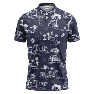 flamingo oasis palm trees sketch pattern black white polo shirt for men