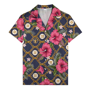 gold chain & pink hibiscus watercolor hawaiian shirt for men