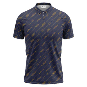gold custom logo repeat pattern on black luxury minimalist polo shirt