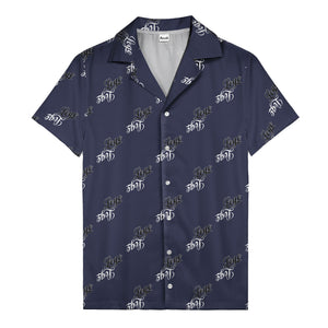 hand-drawn calligraphic script logo repeat black white hawaiian shirt for men