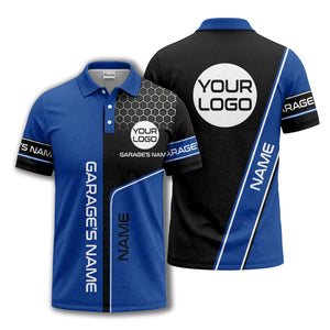 hexagonal grid garage name logo modern automotive polo shirt