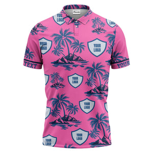 island oasis palm trees & shield logos navy blue tropical polo shirt