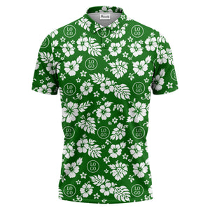 monochrome hawaiian hibiscus flowers & leaves repeat pattern polo shirt
