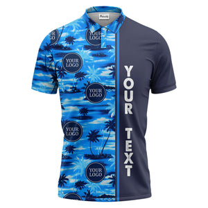 oceanic palm trees & circular logo repeat navy blue tropical beach polo shirt