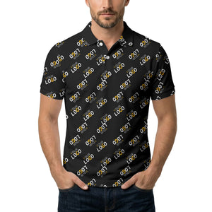 repeating gold logo hawaiian polo shirt with custom text overlay