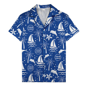 sailboats dolphins palm trees starfish repeat pattern black white hawaiian shirt