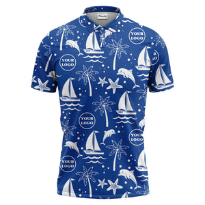 sailboats dolphins palm trees starfish repeat pattern black white polo shirt
