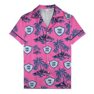 shield logo palm tree island scene navy blue hawaiian shirt for men