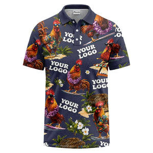 surfing roosters surfboards lei palm trees photorealistic polo shirt