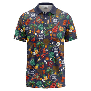 tiki masks palm trees ukuleles watercolor print polo shirt for men