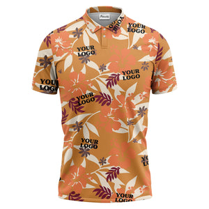 tropical illustrated floral paradise polo shirt bursting with hibiscus and palm leaves