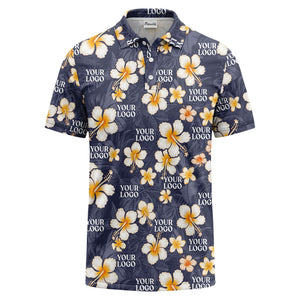 watercolor hibiscus & plumeria black aloha polo shirt for men