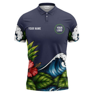 watercolor ocean wave palm leaf hibiscus floral navy blue polo shirt for men
