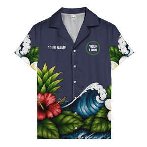watercolor ocean waves hibiscus blooms palm leaf hawaiian shirt for men