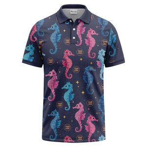 watercolor seahorse repeat marine life polo shirt in pink blue