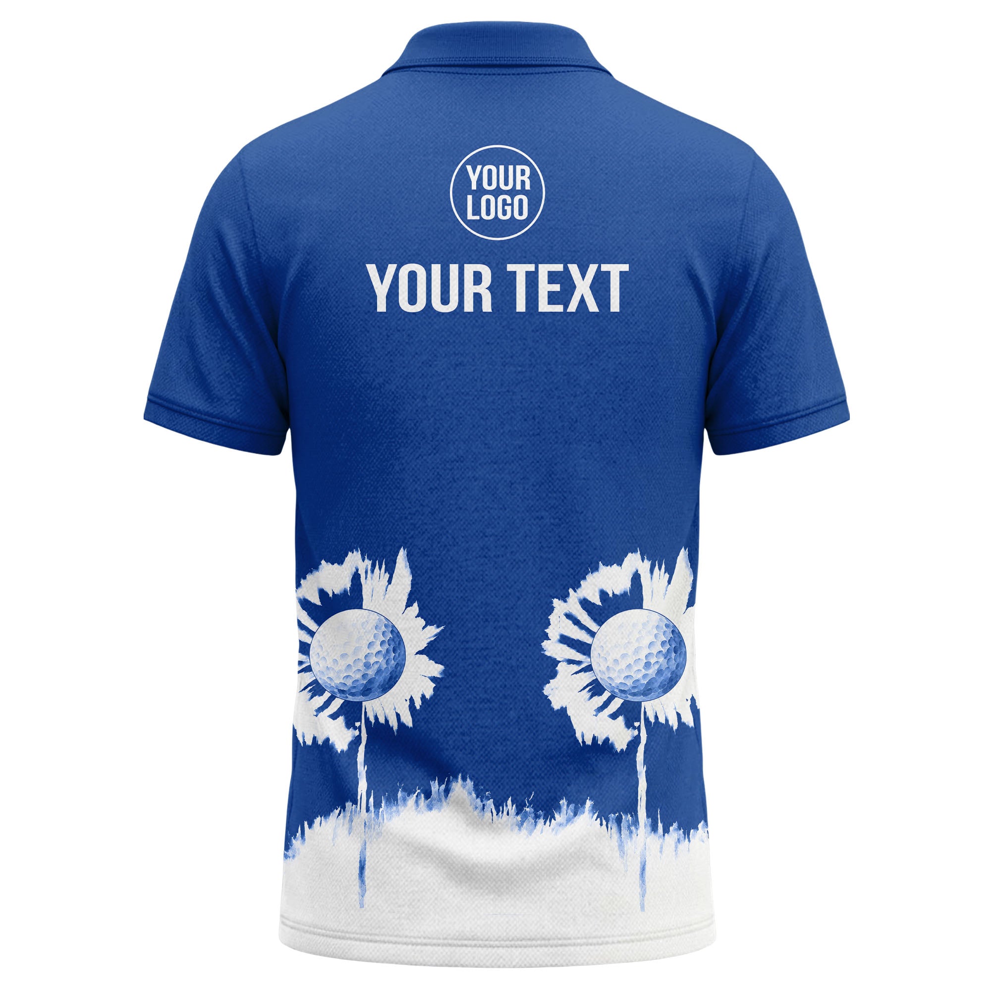 Custom Golf Polo Shirt – Royal Blue & White Golf Ball Splash Personalized Logo Polo