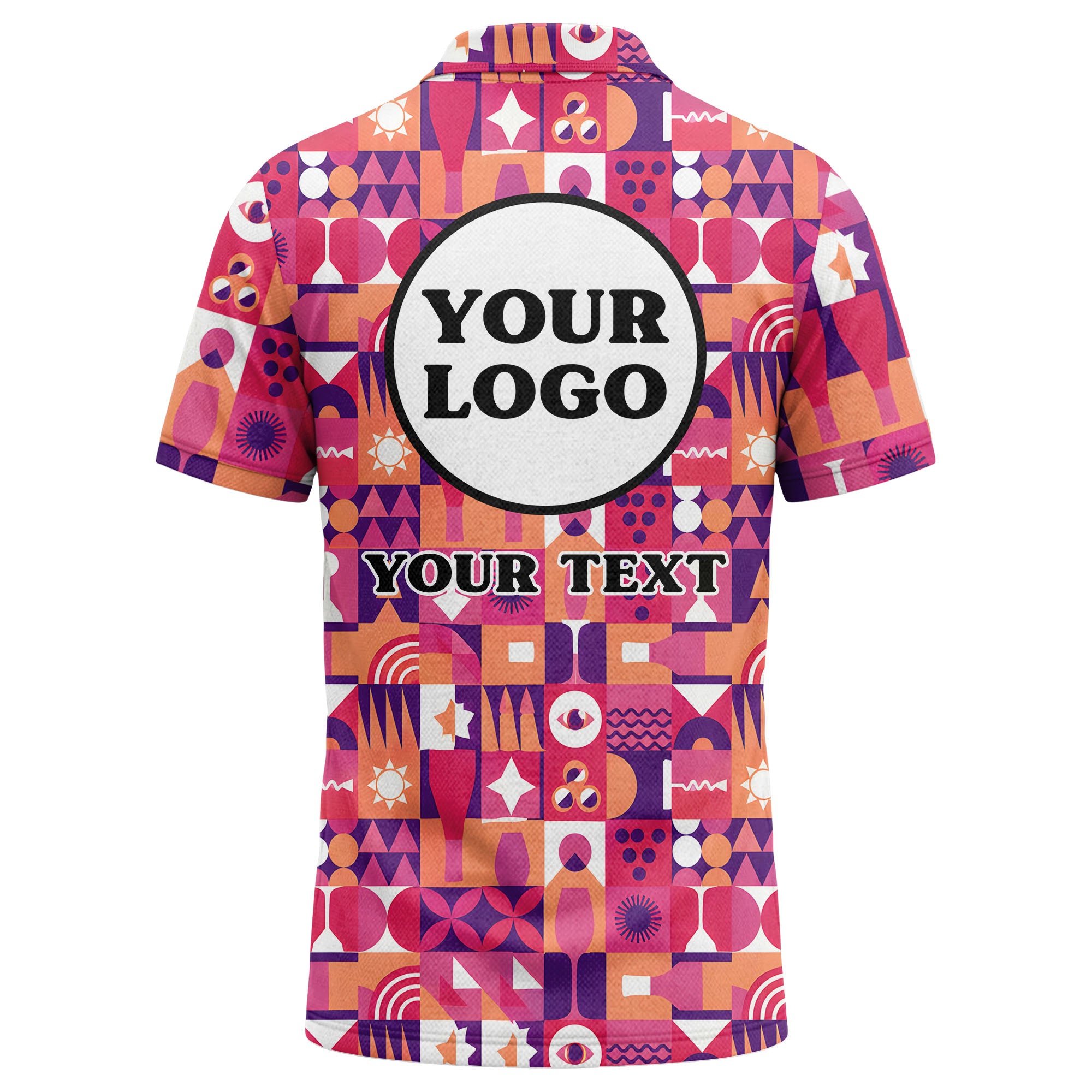 Custom Retro Geometric Polo Shirt – Personalized Logo in Pink, Purple & Orange