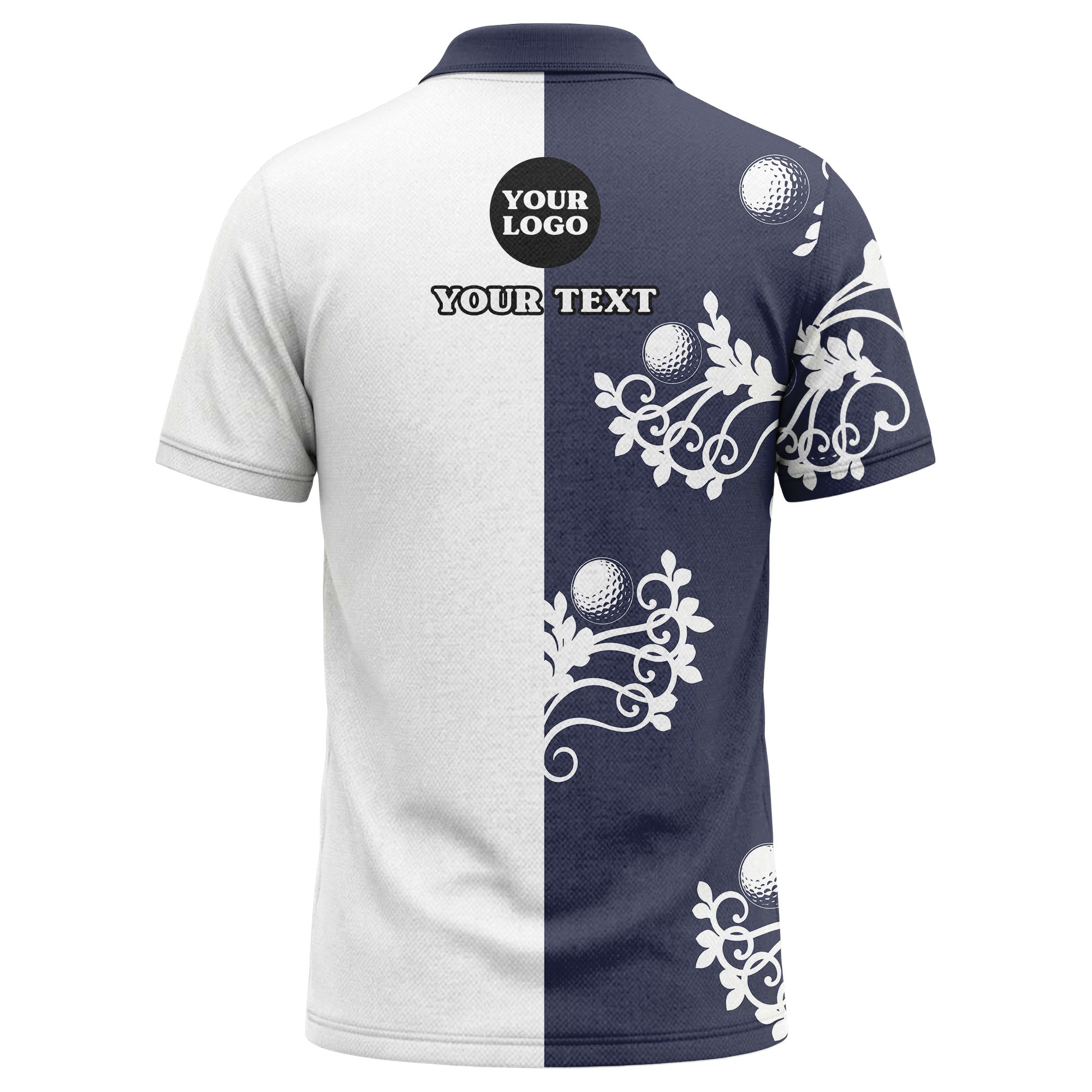 Custom Golf Team Polo Shirt – Black & White Floral Golf Ball Print Personalized Polo