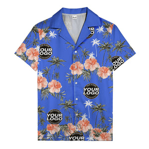 coral pink hibiscus & palm trees on black hawaiian shirt for men