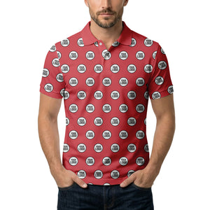 custom geometric circles logo polo shirt in red white black for men