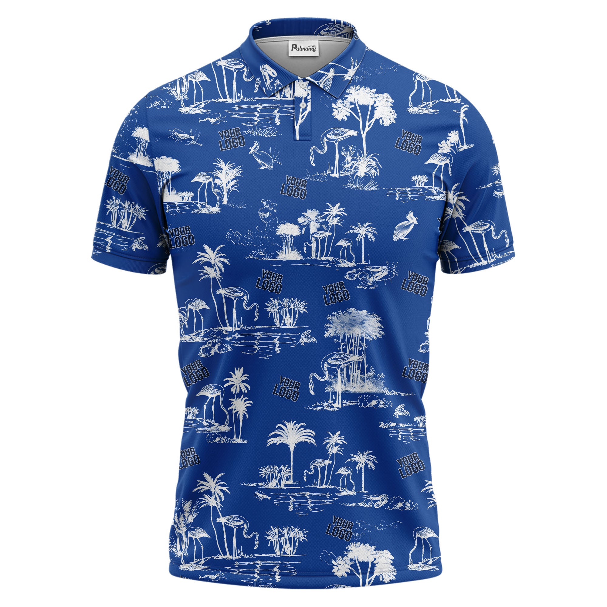 flamingo oasis palm trees sketch pattern black white polo shirt for men