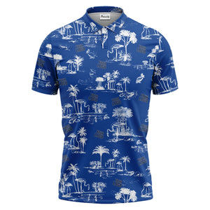 flamingo oasis palm trees sketch pattern black white polo shirt for men