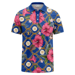 gold chain & pink hibiscus luxury illustrated polo shirt for men