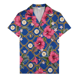 gold chain & pink hibiscus watercolor hawaiian shirt for men