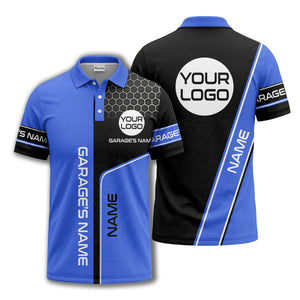 hexagonal grid garage name logo modern automotive polo shirt